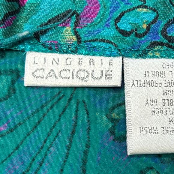 Vintage Cacique Satin Lace Slip Dress Floral Teal Black Lingerie M - Picture 7 of 7